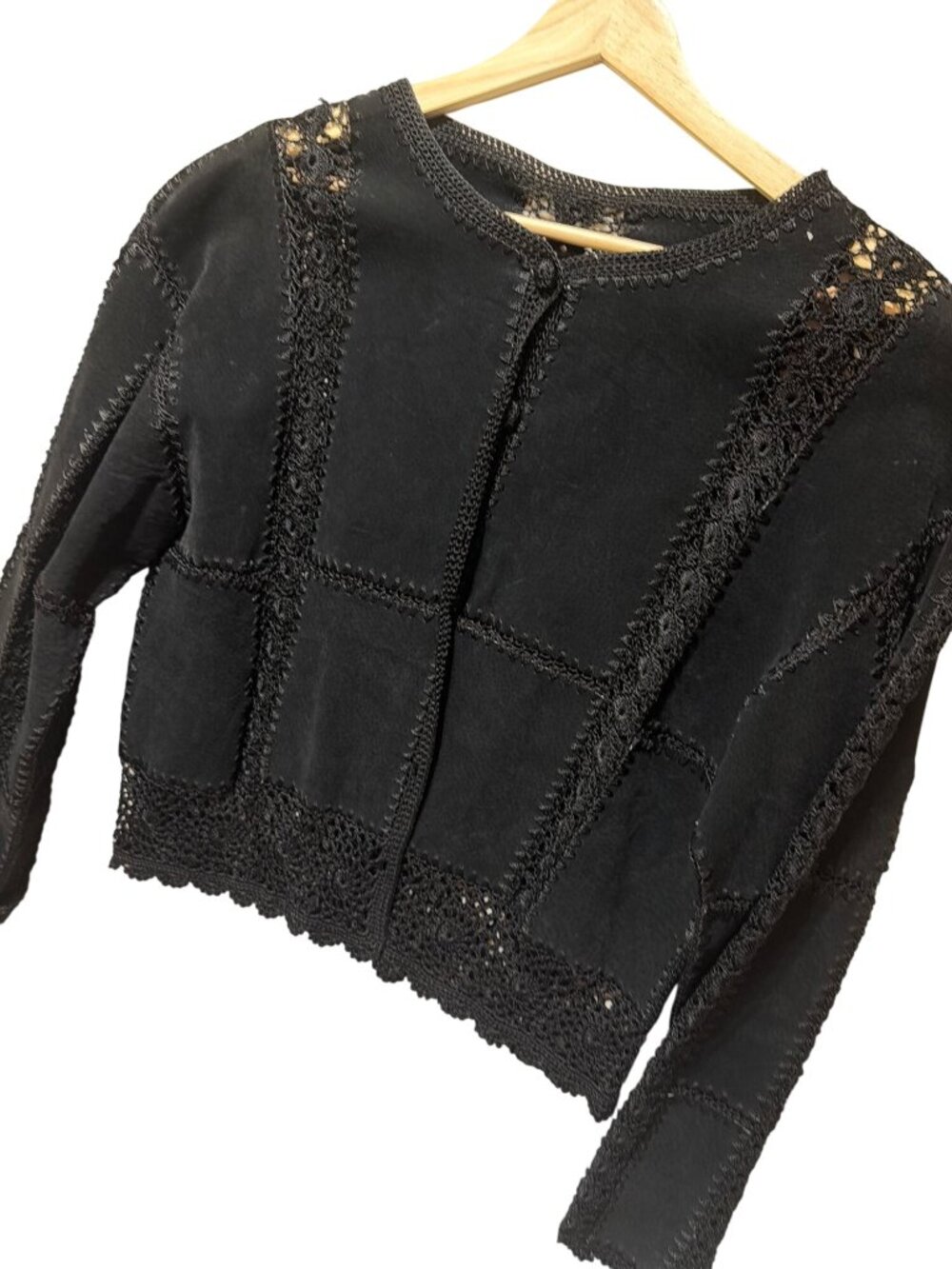 European Artisan Hand-Crocheted Black Vintage Jacket 80s Style Long-Sleeve Butto